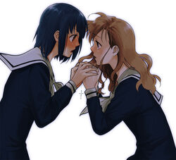  2girls bad_link black_hair blush brown_eyes brown_hair cross eye_contact jewelry lillian_girls&#039;_academy_school_uniform long_hair looking_at_another maria-sama_ga_miteru mori_(unknown.) multiple_girls necklace nijou_noriko open_mouth rosary school_uniform short_hair simple_background tears toudou_shimako white_background 