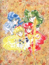  4girls :d aino_minako alternate_hair_color arrow_(projectile) bishoujo_senshi_sailor_moon blonde_hair blue_choker blue_eyes blue_hair blue_sailor_collar bow bow_(weapon) brooch choker elbow_gloves fire flaming_arrow flaming_weapon gloves green_choker green_eyes green_hair green_sailor_collar group_picture hair_bobbles hair_ornament hair_ribbon happy harp heart heart_brooch high_ponytail hino_rei holding holding_instrument inner_senshi instrument jewelry jupiter_symbol kino_makoto long_hair looking_at_viewer magic magical_girl mars_arrow mars_flame_sniper mars_symbol mercury_harp mercury_symbol mizuno_ami multiple_girls official_art open_mouth orange_choker orange_eyes orange_sailor_collar ponytail red_choker red_eyes red_hair red_sailor_collar ribbon sailor_collar sailor_jupiter sailor_mars sailor_mercury sailor_senshi_uniform sailor_venus scan short_hair smile star_(symbol) star_choker super_sailor_jupiter super_sailor_mars super_sailor_mercury super_sailor_venus takeuchi_naoko tiara venus_love_me_chain venus_symbol weapon white_gloves 