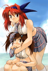  2girls ahoge arms_around_neck beach blush breast_rest breasts breasts_on_head brown_eyes brown_hair commentary_request day hair_intakes hair_ribbon headband highres horizon hug hug_from_behind long_hair medium_breasts midriff multiple_girls necktie ocean original plaid plaid_skirt pleated_skirt ranbu_hararin red_hair ribbon skirt smile squatting twintails 