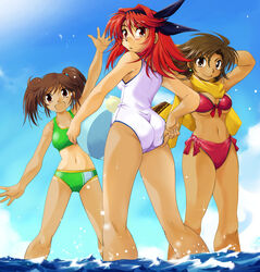  3girls adjusting_clothes adjusting_swimsuit ass ball beachball bikini blue_sky blush breasts brown_eyes brown_hair commentary_request dark-skinned_female dark_skin day earrings front-tie_bikini_top front-tie_top hair_bobbles hair_ornament jewelry large_breasts long_hair medium_breasts multiple_girls navel one-piece_swimsuit one-piece_tan original ranbu_hararin red_bikini red_eyes red_hair side-tie_bikini_bottom sky smile swimsuit tan tankini tanlines twintails underboob wading waving white_one-piece_swimsuit 