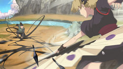  1boy aerokinesis air_current battle blonde_hair blue_eyes commentary_request dagger darkness different_shadow duel female hand_fan headband knife kunai magic nara_shikamaru naruto naruto_(series) ninja ninjutsu photoshop_(medium) quad_tails shadow short_hair temari_(naruto) throwing umbrakinesis visible_air weapon wei wind 