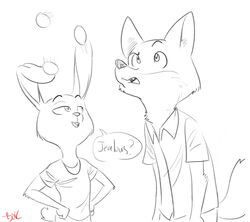  anthro boreoboros buckteeth canid canine clothed clothing dialogue disney duo egg english_text female fox fur half-closed_eyes hand_on_hip judy_hopps lagomorph leporid male mammal monochrome narrowed_eyes nick_wilde rabbit signature speech_bubble teeth text trick zootopia 