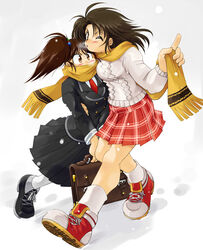  2girls ankle_boots aran_sweater black_hair blush boots breasts brown_eyes brown_hair cable_knit commentary_request covered_mouth hair_bobbles hair_ornament hug long_skirt medium_breasts miniskirt multiple_girls necktie one_eye_closed original plaid plaid_skirt pleated_skirt ranbu_hararin red_necktie red_skirt scarf school_uniform shared_clothes shared_scarf skirt socks sweater twintails waist_hug white_legwear winter_clothes yellow_scarf 