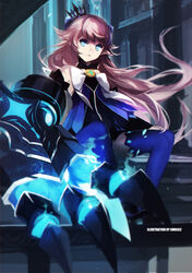  artist_name bad_id bad_pixiv_id blue_eyes blue_legwear blurry bow brown_hair claws crown demon_power_(elsword) depth_of_field elsword female highres long_hair looking_at_viewer luciela_r._sourcream mini_crown photoshop_(medium) pointy_ears sitting solo swd3e2 symbol-shaped_pupils 