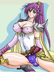  blush breasts bridal_gauntlets cape cleavage cosplay earrings erect_nipples faris_scherwiz female final_fantasy final_fantasy_5 final_fantasy_iv green_eyes hair_ornament jewelry leotard long_hair lowres organicmill ponytail purple_hair rosa_farrell rosa_farrell_(cosplay) shoulder_pads sitting solo wajurimosugaba 