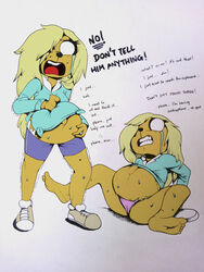  3:4 absurd_res adventure_time anthro barefoot bear biped black_nose blonde_hair bodily_fluids bronwyn canid canine canis cartoon_network clenched_teeth clothing colored crying dialogue domestic_dog english_text eyelashes feet female hair hi_res hoodie hybrid labor mammal multiple_images panties papayathebun pregnant rainicorn solo sweat talking_to_viewer tears teeth text topwear underwear 