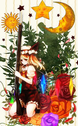  bad_id bad_pixiv_id blonde_hair comrade_stalin crescent crescent_moon female flandre_scarlet flower gun hat moon orange_flower orange_rose petals photoshop_(medium) purple_flower purple_rose red_eyes red_flower red_rose rifle rose solo star_(symbol) sun_symbol touhou weapon wings 