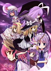  6+girls alice_margatroid amakaze_sora animal_ears blonde_hair blue_eyes commentary_request crescent crescent_moon flower full_moon grey_hair izayoi_sakuya kirisame_marisa long_hair maid maid_headdress moon multiple_girls onozuka_komachi patchouli_knowledge puppet_strings purple_eyes purple_hair rabbit_ears red_eyes red_flower red_hair reisen_udongein_inaba remilia_scarlet spider_lily touhou yellow_eyes 