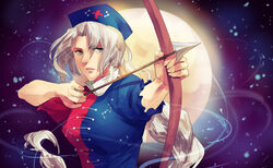  aiming arrow_(projectile) bow bow_(weapon) braid breasts chinese_commentary commentary constellation_print drawing_bow dress female full_moon grey_eyes grey_hair hat highres holding holding_arrow holding_bow_(weapon) holding_weapon large_breasts long_hair moon nurse_cap open_mouth outstretched_arm photoshop_(medium) puffy_short_sleeves puffy_sleeves short_sleeves skirt skirt_set smile solo sunyuqian touhou upper_body very_long_hair weapon yagokoro_eirin 