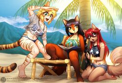  4_toes 5_toes abluedeer anthro barefoot beach bethellium bikini black_hair blonde_hair book bottomwear braided_hair breasts brown_eyes c-chan&#039;s_a_catgirl! canid canine clarisse_(abluedeer) claws clothed clothing denim denim_clothing digital_media_(artwork) domestic_cat english_text eyewear feet felid feline felis female fox fur glasses green_eyes group hair humanoid_feet long_hair mammal midriff moccha_(abluedeer) moon_lace navel o-ring o-ring_bikini o-ring_bikini_bottom off_shoulder open_mouth orange_body orange_fur palm_tree pawpads pink_pawpads plant plantigrade red_hair seaside shaded shirt short_hair shorts soles swimwear text toes topwear tree wet wet_clothing wet_shirt wet_topwear yellow_eyes zoana_(bethellium) 