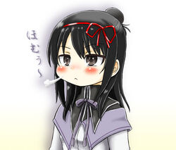  akemi_homura akemi_homura_(cosplay) akemi_homura_(magical_girl) black_eyes black_hair blush commentary_request cosplay female hair_bun highres homu hoshikawa_tsukimi mahou_shoujo_madoka_magica mahou_shoujo_madoka_magica_(anime) marui_hitoha mitsudomoe_(manga) ribbon single_hair_bun solo 