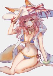  animal_ears bikini blue_bikini breasts cleavage commentary_request ears_through_headwear fate/grand_order fate_(series) female fox_(770205490) fox_ears fox_tail grey_background hat highres large_breasts long_hair looking_at_viewer navel open_mouth pink_hair ribbon side-tie_bikini_bottom simple_background sitting solo sun_hat swimsuit tail tamamo_(fate) tamamo_no_mae_(swimsuit_lancer)_(fate) tamamo_no_mae_(swimsuit_lancer)_(third_ascension)_(fate) white_hat yellow_eyes 