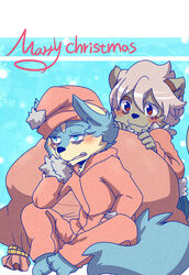  2015 3_toes :3 absurd_res anthro bag barefoot biped black_nose blue_background blue_body blue_eyes blue_fur blush bottomwear brown_body brown_fur canid canine canis cheek_tuft christmas christmas_clothing christmas_headwear clothed clothing domestic_dog duo facial_tuft feet fully_clothed fur fur_markings grey_body grey_fur grey_hair hair half-closed_eyes hand_on_face hat headgear headwear hi_res holidays hoodie inner_ear_fluff kita_(saku1saya) looking_at_another male mammal markings multicolored_body multicolored_fur mustelid narrowed_eyes open_mouth otter pants red_eyes saku1saya santa_hat seiya_(saku1saya) simple_background sitting smile spots tired toes topwear tuft two_tone_body two_tone_fur white_background white_body white_fur young young_anthro 