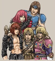  5boys abs alternate_costume annotated armor blonde_hair blue_eyes brown_hair castlevania_(1986) castlevania_(series) castlevania_chronicles castlevania_ii:_simon&#039;s_quest castlevania_judgment commentary_request eno_(abekawa_hikozaemon_x) fingerless_gloves gloves headband jewelry male_focus manly md5_mismatch midriff multiple_boys multiple_persona muscular necklace open_clothes open_shirt orange_hair parody red_hair scar shirt simon_belmont smile super_castlevania_iv time_paradox 