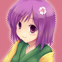  blush commentary_request female flower hair_flower hair_ornament hieda_no_akyuu hiiragi_mitsuna purple_eyes purple_hair short_hair smile solo touhou 