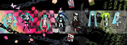  6+girls absurdres aqua_eyes aqua_hair black_hair black_rock_shooter black_rock_shooter_(character) blue_eyes commentary_request detached_sleeves fox_mask gohou_shoujo_sowaka-chan green_hair hair_ribbon hanafuda hatsune_miku hatsune_miku_(roshin_yuukai/nitamagomix) highres koi_wa_sensou_(vocaloid) long_hair mask melt_(vocaloid) mokeo multiple_girls multiple_persona musunde_hiraite_rasetsu_to_mukuro_(vocaloid) ribbon right-over-left_kimono roshin_yuukai_(vocaloid) saihate_(vocaloid) skirt songover sowaka-chan thighhighs twintails vajra_(object) very_long_hair vocaloid world_is_mine_(vocaloid) 