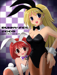  2girls all_fours animal_ears blonde_hair blue_eyes commentary_request fishnet_pantyhose fishnets long_hair marison_(aono107) md5_mismatch multiple_girls open_mouth original pantyhose playboy_bunny rabbit_ears red_eyes red_hair short_hair smile 