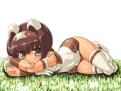  animal_ears armband bad_id bad_pixiv_id bare_shoulders blush boots breasts brown_eyes brown_hair busou_shinki covered_navel crossed_arms dd_(ijigendd) doll_joints facial_mark female gloves grass hairband joints leotard light_smile looking_at_viewer low_ponytail lying on_ground on_side outdoors pomock ponytail simple_background small_breasts smile solo thigh_boots thigh_gap thighhighs white_background white_footwear white_gloves white_thighhighs 