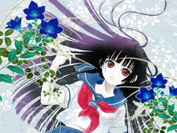  bellflower black_hair blue_flower blunt_bangs bud chinese_bellflower commentary enma_ai female flower highres hime_cut jigoku_shoujo long_hair official_style parody red_eyes school_uniform serafuku solo style_parody white_flower yoiyoi 