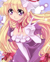  blonde_hair bow breasts chigo cleavage elbow_gloves female gloves hairbow hat large_breasts long_hair purple_eyes smile solo touhou v white_gloves yakumo_yukari 