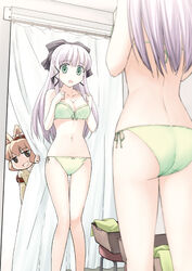  2girls animal_ears artistic_error ass bad_reflection blurry bow bow_bra bow_panties bra breasts breasts_squeezed_together cat_ears cleavage curtain_grab curtains depth_of_field fitting_room green_bra green_eyes green_panties hairbow knees_together_feet_apart komiya_yuzu lace lace-trimmed_bra lace_trim lingerie long_hair mayu_(nekogami_yaoyorozu) medium_breasts mirror multiple_girls nekogami_yaoyorozu panties peeping purple_hair reflection side-tie_panties takahata_yuki trying_on_clothes underwear underwear_only undressing 