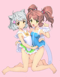  2girls animal_ears barefoot brown_hair cat_ears clothes_lift dress eko_(vanpri) feet flat_chest kanae_(vanpri) kneeling legs multiple_girls no_panties official_art orange_eyes photoshop_(medium) short_dress short_hair silver_hair skirt skirt_lift sugeno_tomoaki twintails vanguard_princess yellow_eyes yuri 