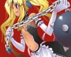  bad_drawr_id bad_id ball_and_chain_(weapon) bare_shoulders blonde_hair blue_eyes chains elbow_gloves female gloves goe hair_ribbon juliet_(vanpri) long_hair midriff navel oekaki ribbon solo spike_ball spiked_ball_and_chain twintails upper_body vanguard_princess weapon white_gloves 