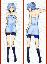  1boy 7-tan androgynous back bad_id bad_pixiv_id bare_shoulders bike_shorts blue_hair blush breast_suppress dakimakura_(medium) dress feet flat_chest gloves hair_bun hair_ornament hand_on_own_thigh highres kneehighs lying male_focus messy_hair multiple_views nanao-kun on_back on_stomach os-tan otoko_no_ko red_eyes see-through short_hair single_hair_bun socks strapless strapless_dress tube_dress u-suke 