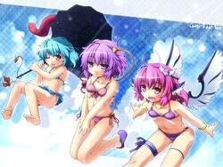  3girls :p ;p animal_ears barefoot bikini bird_ears blue_hair blush etogami_kazuya eyeball feathered_wings feet hairband heart highres jumping karakasa_obake komeiji_satori looking_at_viewer multiple_girls mystia_lorelei oerba_yun_fang one_eye_closed open_mouth pink_hair purple_eyes purple_hair red_eyes short_hair side-tie_bikini_bottom sky smile soles swimsuit tatara_kogasa third_eye toes tongue tongue_out touhou umbrella wings yin_yang 