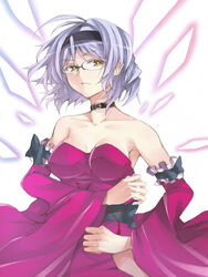  armpits bad_id bad_pixiv_id bare_shoulders blue_hair collar detached_sleeves dress female glasses hairband highres hiou_kaede hip_vent hitoto solo strapless vanguard_princess yellow_eyes 