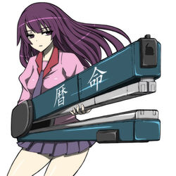  bakemonogatari commentary_request female long_hair miniskirt monogatari_(series) naoetsu_high_school_uniform necktie photoshop_(medium) purple_eyes purple_hair school_uniform senjougahara_hitagi skirt solo stapler translated wakame 