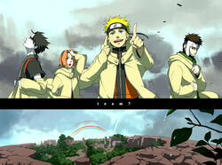  3boys black_hair blonde_hair blue_eyes brown_eyes brown_hair cloud coat commentary_request double_rainbow female forehead_protector hairband headband hood i_(kaiyou) konohagakure_symbol multiple_boys naruto naruto_(series) naruto_shippuuden nature open_mouth pink_hair pointing rainbow sai_(naruto) sakura_haruno scenery short_hair sky smile uzumaki_naruto yamato_(naruto) 