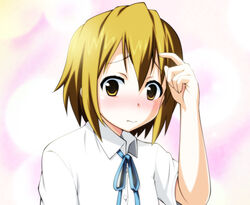  alternate_hairstyle blush brown_eyes commentary_request female hair_down k-on! natsukon photoshop_(medium) sakuragaoka_high_school_uniform school_uniform short_hair solo tainaka_ritsu 