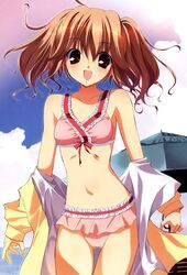  bikini blush brown_hair female fumio_(ura_fmo) highres navel open_mouth sakura_sakura solo swimsuit tachibana_kurumi twintails 