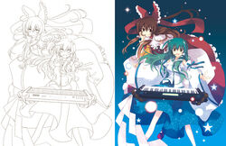  2girls akarino_(yucco) bow brown_hair commentary_request detached_sleeves frog green_eyes green_hair hair_ornament hair_tubes hairbow hakurei_reimu hand_on_own_cheek hand_on_own_face headset instrument japanese_clothes keyboard_(instrument) kochiya_sanae line_art long_hair md5_mismatch microphone miko multiple_girls rope shimenawa sketch snake star_(symbol) touhou very_long_hair wavy_hair 