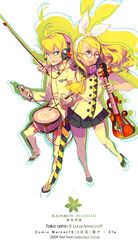  1boy bad_id bad_pixiv_id blonde_hair brother_and_sister drum female glasses guitar instrument kagamine_len kagamine_rin lucy_(bechoco) photoshop_(medium) siblings thighhighs twins vocaloid zettai_ryouiki 