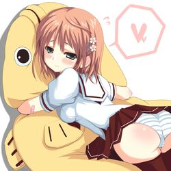  blush brown_hair commentary_request female green_eyes hug kuronekogata md5_mismatch original panties school_uniform solo striped_clothes striped_panties stuffed_animal stuffed_fish stuffed_toy thighhighs underwear 