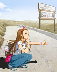  backpack bag bracelet brown_eyes brown_hair commentary_request denim female hair_ribbon hairband hands hitchhiking idolmaster idolmaster_(classic) jeans jewelry long_hair minase_iori pants photoshop_(medium) ribbon road shoes sneakers solo squatting stuffed_animal stuffed_rabbit stuffed_toy thumbs_up usa-chan_(idolmaster) watch wristwatch yachiwo 