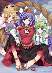  3girls all_fours black_skirt blonde_hair blue_skirt breasts commentary_request dress frog green_eyes green_hair hair_ornament hand_on_head hat kneeling kochiya_sanae large_breasts leaf leaf_hair_ornament long_skirt looking_at_viewer moriya_suwako multiple_girls photoshop_(medium) purple_hair red_eyes rope sandals shide shimenawa sitting skirt smile tomusooya touhou yasaka_kanako yellow_eyes 