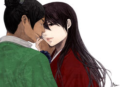  1boy bad_id bad_pixiv_id balsa black_hair brown_hair couple female japanese_clothes katsura_(+araka) lips long_hair seirei_no_moribito straight tanda 