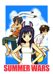  2boys animal_ears bare_shoulders brown_eyes brown_hair cat_ears cloud day dress female hands_on_own_hips headphones ikezawa_kazuma kari-kenji king_kazma koiso_kenji long_hair looking_back mizunomoto multiple_boys purple_eyes purple_hair rabbit_ears rabbit_tail shinohara_natsuki sky smile summer_wars sundress surprised sweat tail 