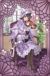  animal_ears black_eyes black_hair bonnet boots bow cat_ears cat_tail chair commentary_request cross-laced_footwear curtains elbow_gloves female floral_print floral_print_sash flower gloves hat highres instrument kanzaki_miku kuroinu lace lace-up_boots lolita_fashion long_hair musical_note obi original plant sash sitting solo stuffed_animal stuffed_toy tail teddy_bear vase violin wa_lolita window 