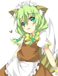  :p animal_ears bow braid commentary_request dress female fox_ears fox_tail green_hair hair_over_shoulder heart maid maid_headdress original saitou_kon shingetsu_takehito solo tail tongue tongue_out twin_braids 