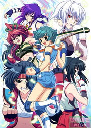  6+girls aiba_kazuki angry aqua_hair black_hair blue_hair boots camouflage clenched_hands clenched_teeth fingerless_gloves freia_kagami gloves hair_over_one_eye headband knee_pads kondo_makoto kusanagi_mikoto leg_lift lipstick long_hair looking_back makeup midriff multiple_girls one_eye_closed panther_risako photoshop_(medium) ponytail purple_hair red_eyes red_hair sanada_clan_(emblem) sanada_miyuki short_hair shorts smile strapless teeth tube_top watermark white_hair wrestle_angels wrestle_angels_survivor_2 