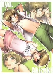  1boy akizuki_ryo androgynous bare_shoulders breast_padding commentary_request crossdressing dual_persona glasses hood hoodie idolmaster idolmaster_dearly_stars male_focus one-piece_swimsuit open_clothes open_shirt otoko_no_ko photoshop_(medium) pink_sarong sarong school_swimsuit seki_suzume shirt shorts swimsuit white_one-piece_swimsuit 