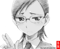  commentary_request female glasses gofu greyscale kotozuka_fumie monochrome sketch solo sora_no_manimani spot_color traditional_media 