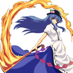  atomic-ray bad_id bad_pixiv_id blue_hair commentary_request female food fruit hat hinanawi_tenshi long_hair long_skirt peach red_eyes skirt solo sword sword_of_hisou touhou weapon wind 