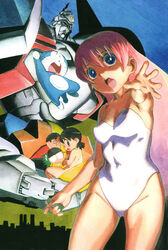  2girls 3boys blue_eyes daichouhen_doraemon doraemon doraemon:_nobita_to_tetsujin_heidan doraemon_(character) legs leotard long_hair mecha minamoto_shizuka multiple_boys multiple_girls nobi_nobita photoshop_(medium) pink_hair riruru robot satou_toshiyuki solo_focus traditional_media zanda_claus 