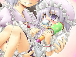  2girls aged_down baby blood braid grey_eyes hat head_out_of_frame izayoi_sakuya kakkou light_purple_hair multiple_girls nosebleed pacifier rattle remilia_scarlet short_hair touhou twin_braids wrist_cuffs 