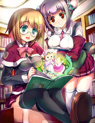  2girls book bookshelf breast_press breasts bun_cover commentary_request double_bun dragon feline glasses hair_bun kashi large_breasts multiple_girls original sitting thighhighs zettai_ryouiki 